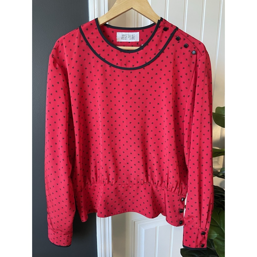 Vtg Josephine Satin Blouse L/S size 16 Red Black Geometric | Minor Flaws